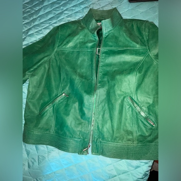 Bradley Bayou Green Leather moto style coat 3x fall lightweight bikercore y2k - Picture 8 of 15